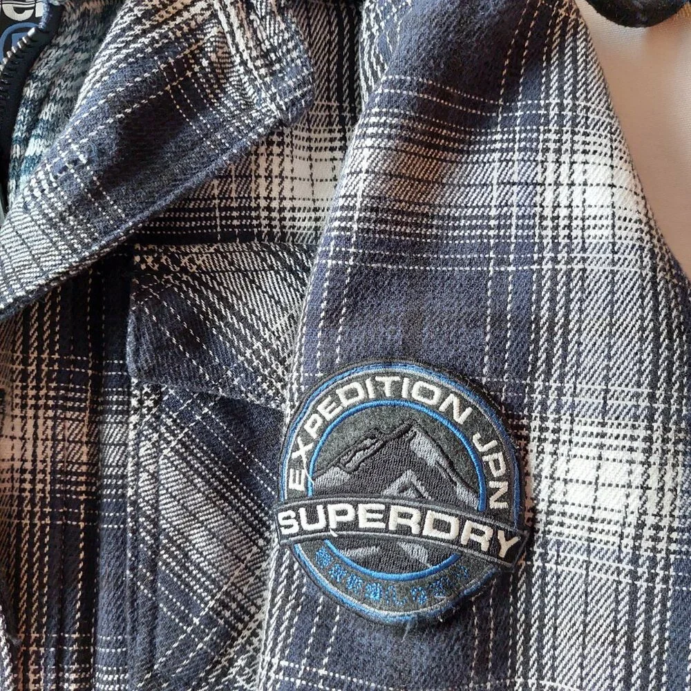 Superdry Everest Edition Plaid Hooded Shirt Jacket Men's S Blue Flannel - Picture 8 of 10